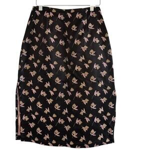Silk Box Black Pink Floral Skirt Size 6 Silk Blend Side Slit Midi